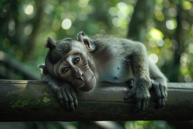 Ritratto di una scimmia maschio che si riposa sulla recinzione nella foresta delle scimmie di Ubud, in Indonesia