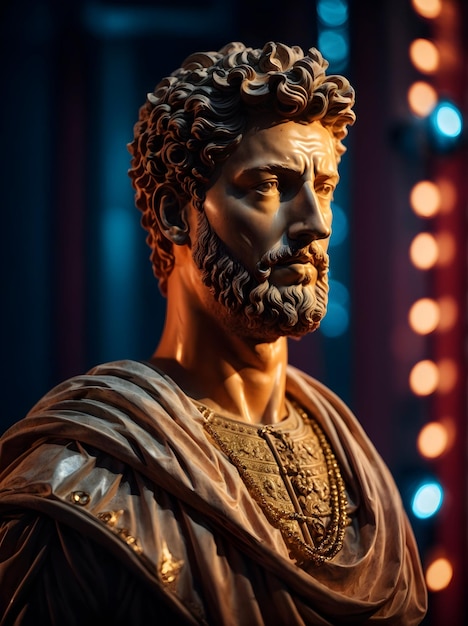 Ritratto di una scultura in marmo di Marco Aurelio illuminata da uno sfondo al neon