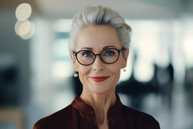 Ritratto di una sorridente donna anziana capo in ufficio allegra elegante donna d'affari di mezza età che indossa occhiali e acconciatura grigia in piedi in casa