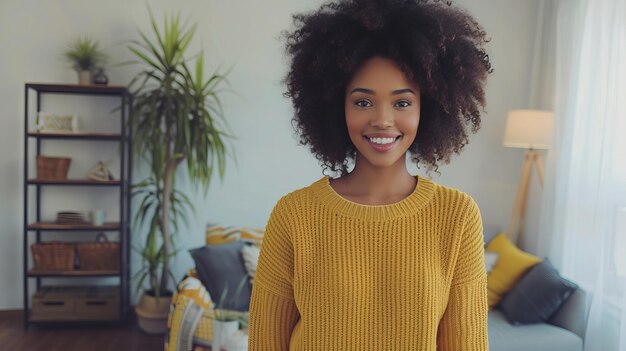 Ritratto di una sorridente, felice, giovane e carina donna afroamericana di 25 anni che indossa un maglione giallo e jeans in piedi in un salotto moderno che guarda la telecamera in una casa accogliente moderna
