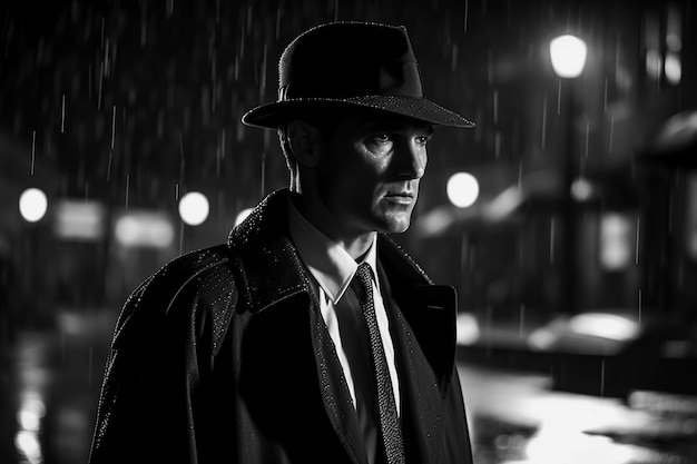 Ritratto di una spia detective maschio in cappello e impermeabile in strada di notte sotto la pioggia IA generativa