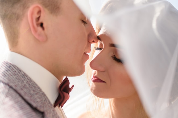 Ritratto di una sposa e lo sposo sotto un velo. Avvicinamento.