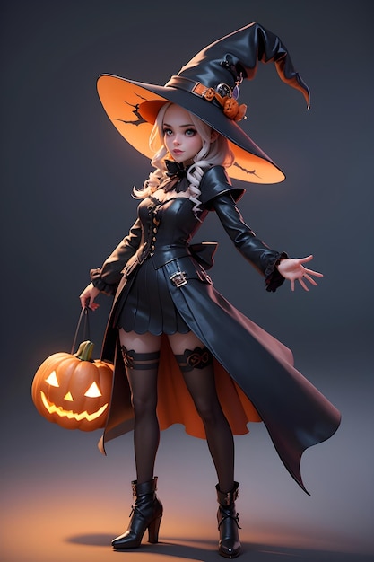 Ritratto di una strega con una zucca di Halloween