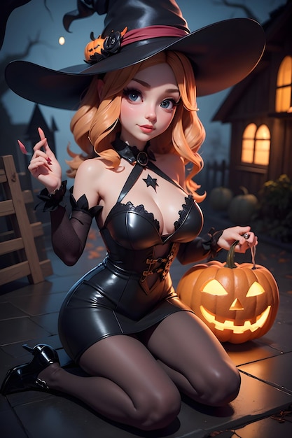 Ritratto di una strega con una zucca di Halloween