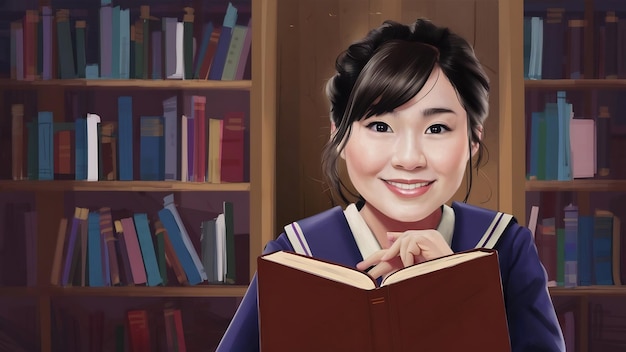 Ritratto di una studentessa asiatica sorridente con un libro