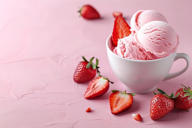 Ritratto di una tazza di ciotole di gelato di fragole su uno sfondo rosa morbido pulito con un grande spazio e fragole tenute intorno ad esso AI generativa