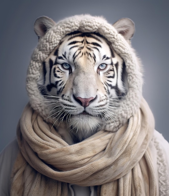 ritratto di una tigre con una sciarpa su uno sfondo grigio creato dalla tecnologia generativa di AI