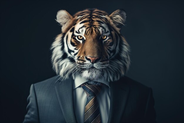 Ritratto di una tigre vestita con un vestito elegante su uno sfondo scuro con copyspace