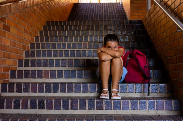 Ritratto di una triste studentessa caucasica seduta sulle scale nello spazio di copia della scuola