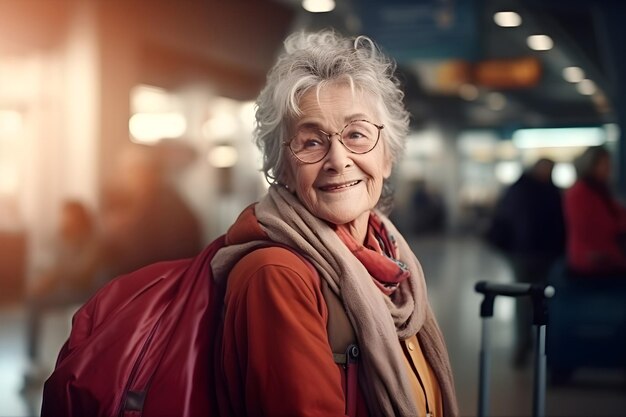 Ritratto di una vecchia donna con l'espressione felice di un viaggiatore all'aeroporto generato da Ai