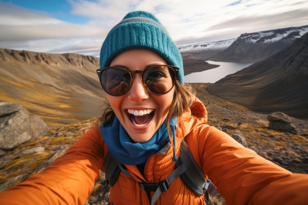 Ritratto di una viaggiatrice in Islanda che si gode l'inverno indossando un berretto blu e una giacca arancione