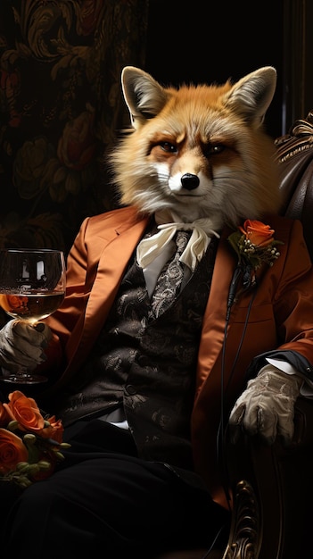 Ritratto di una volpe in abito con un bicchiere di champagne Thug red fox AI generativa