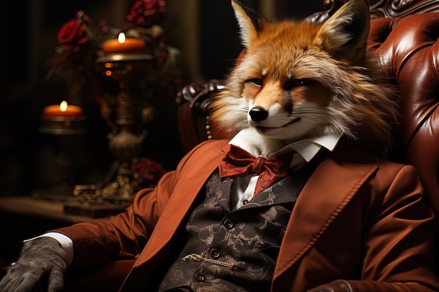 Ritratto di una volpe in abito con un bicchiere di champagne Thug red fox AI generativa