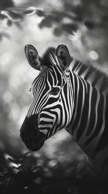 Ritratto di una zebra con sfondo bokeh in bianco e nero