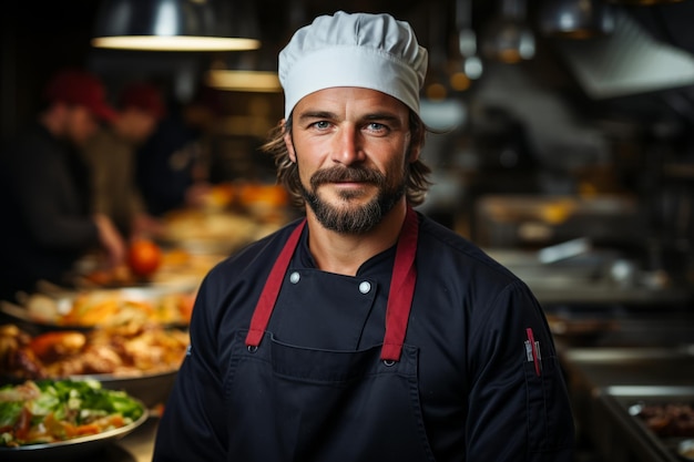Ritratto di uno chef in grembiule in piedi in una cucina commerciale concetto di professione maschile