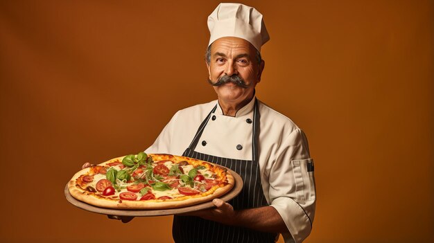 Ritratto di uno chef maschio senior che tiene una pizza su fondo marrone