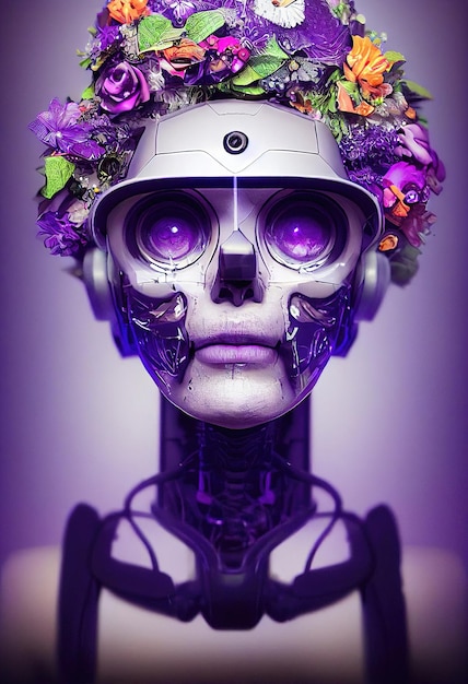 Ritratto di uno scheletro cyber zombie dall'inferno Scheletro con fiori Concetto di Halloween