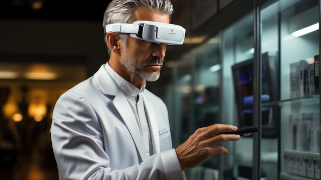 Ritratto di uno scienziato maturo che indossa un auricolare di realtà virtuale mentre si trova in laboratorio