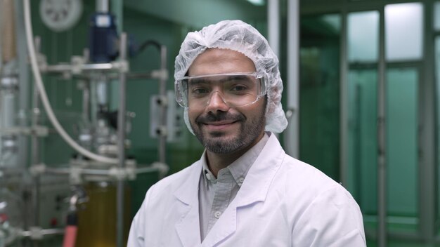 Ritratto di uno scienziato uomo in uniforme che lavora in laboratorio curativo