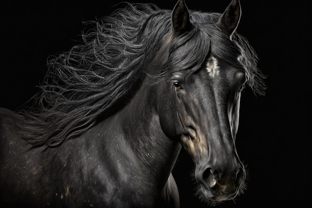 Ritratto di uno splendido cavallo nero su sfondo nero