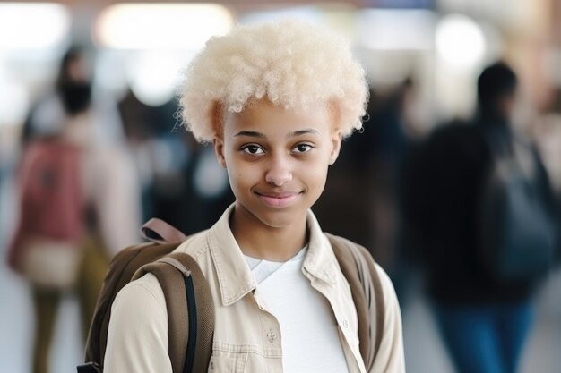 Ritratto di uno studente afroamericano con i capelli ricci che guarda l'intelligenza artificiale generativa della fotocamera