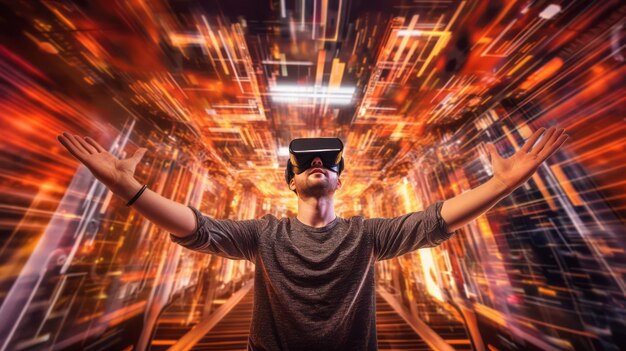 Ritratto di uno studente che indossa un auricolare VR con le mani che toccano lo spazio virtuale Concepimento di un metaverso mondo virtuale Tecnologia di realtà aumentata Ai generativa