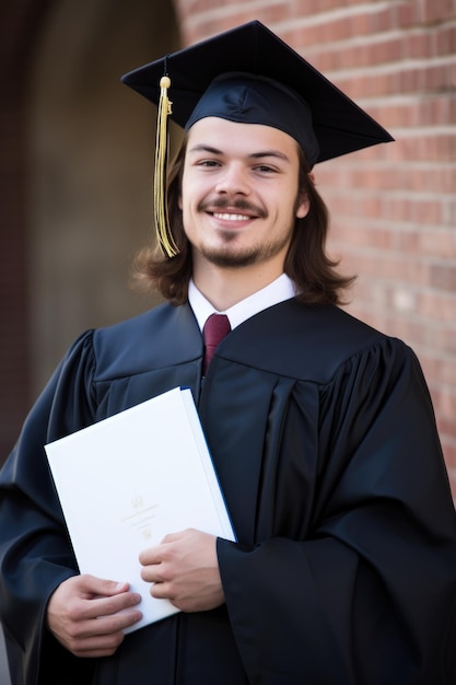 Ritratto di uno studente felice che tiene il suo diploma dopo la laurea creato con l'IA generativa