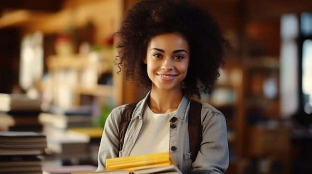 Ritratto di uno studente universitario afroamericano sorridente che tiene in mano dei libri AI generativa