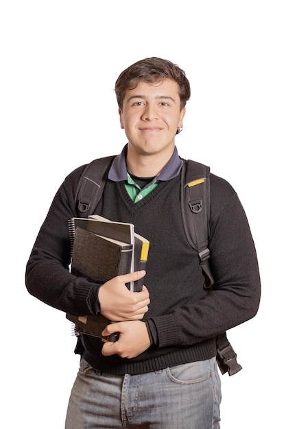 Ritratto di uno studente universitario con libri e zaino isolato su sfondo bianco