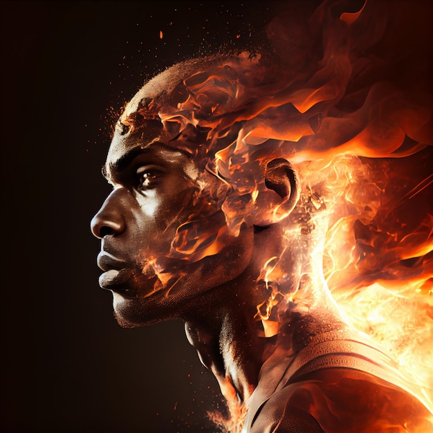 Ritratto di uomo afroamericano in fiamme epico avatar 3d rendering illustrazione