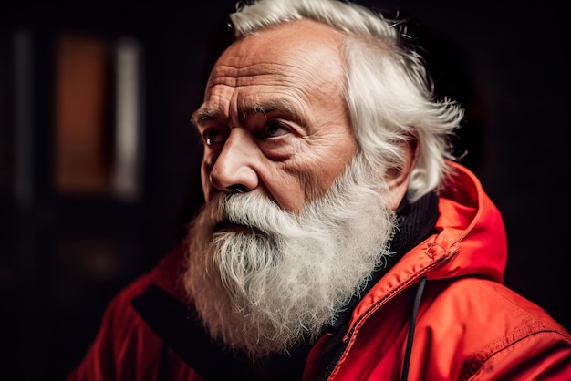 Ritratto di uomo anziano con barba bianca in impermeabile rosso IA generativa