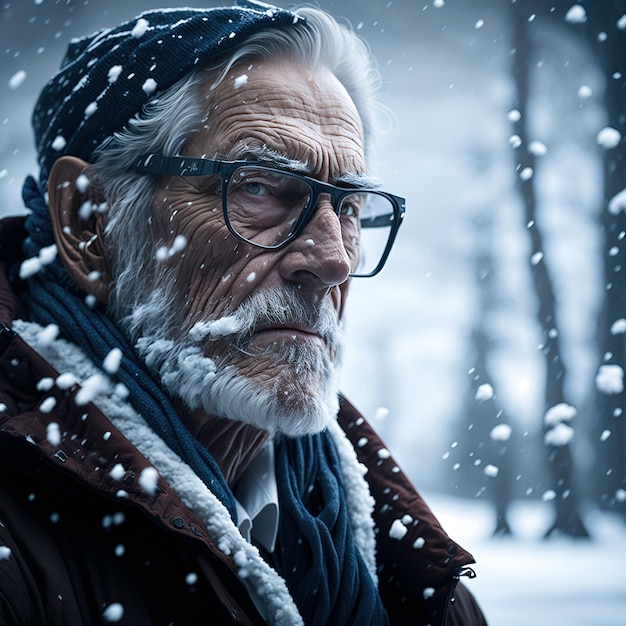 Ritratto di uomo anziano nella neve