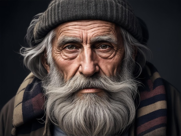 Ritratto di uomo anziano senzatetto Uomo barbuto invecchiato di Generative AI
