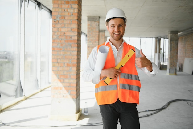 Ritratto di uomo architetto in cantiere. Fiducioso direttore della costruzione che indossa l'elmetto protettivo. Ingegnere civile maturo di successo in cantiere con spazio di copia.