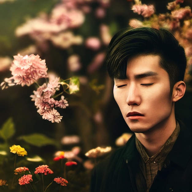 Ritratto di uomo asiatico con occhi chiusi e fiori in background rendering 3d