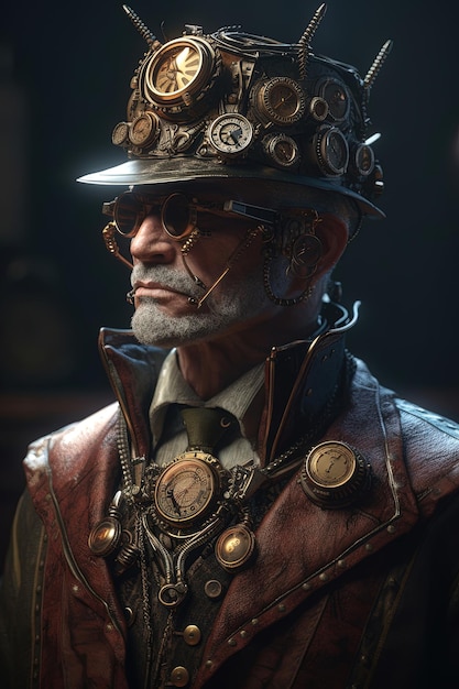 Ritratto di uomo barbuto di età adulta stile steampunk su sfondo nero IA generativa