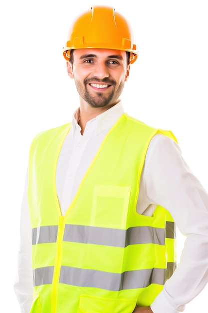 Ritratto di uomo caucasico capo lavoro architetto che indossa maglia giubbotto da lavoro giallo e casco arancione Sorridente ritagliato su sfondo bianco