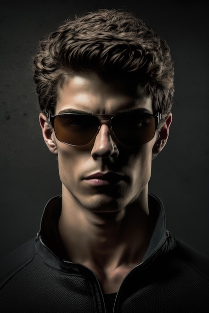 Ritratto di uomo caucasico che indossa occhiali da sole su sfondo nero Studio girato
