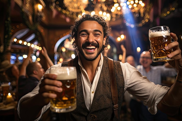 Ritratto di uomo che beve e tiene birra all'Oktoberfest in abito tradizionale