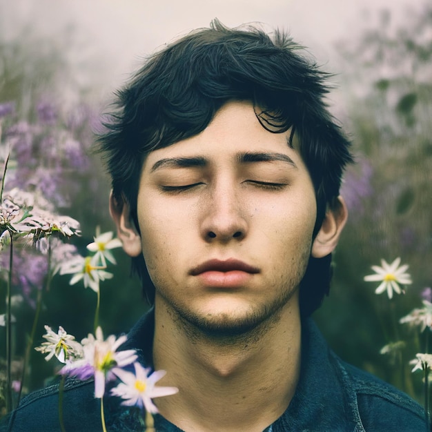 Ritratto di uomo con occhi chiusi e fiori in background 3d rendering