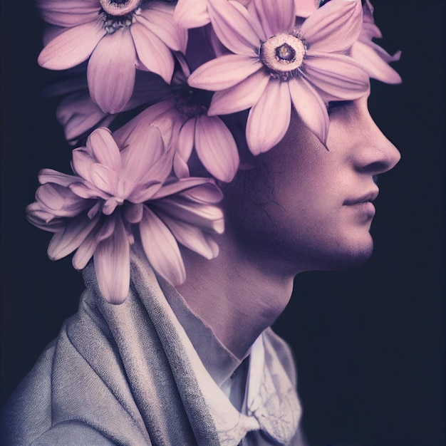 Ritratto di uomo con occhi chiusi e fiori in background 3d rendering