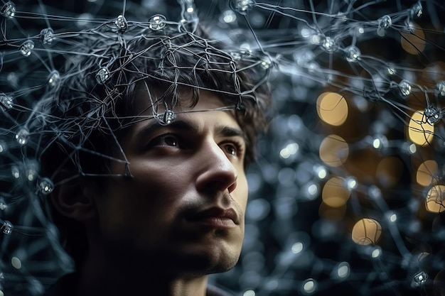 Ritratto di uomo connesso a reti neurali Concetto di futuro dell'intelligenza artificiale Illustrazione dell'intelligenza artificiale generativa