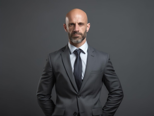 Ritratto di uomo d'affari in piedi su sfondo grigio