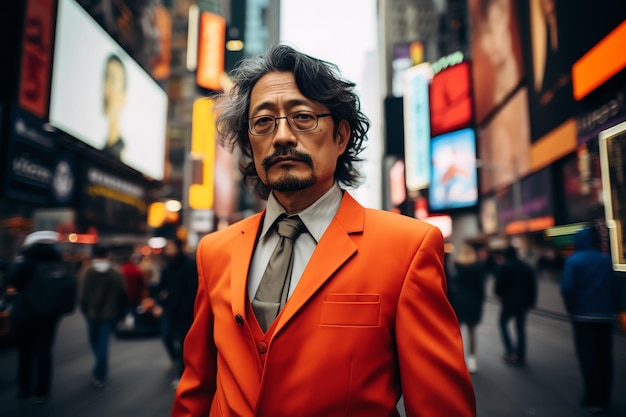 ritratto di uomo giapponese sulla contemporanea Times Square a New York uomo di viaggio con viaggio paesaggistico