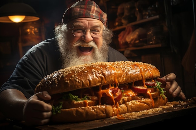 ritratto di uomo grasso divertente che mangia grande hamburger gustoso