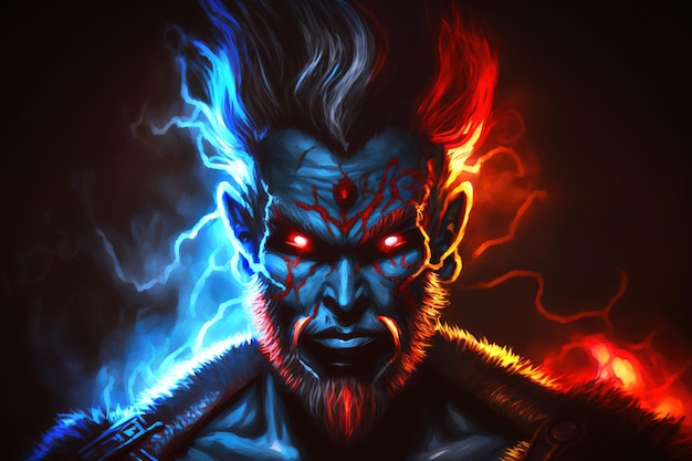 Ritratto di uomo in fantastico costume di guerriero dell'apocalisse oscura con luci rosse e blu