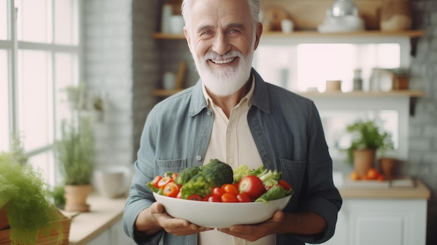 Ritratto di uomo maturo pensionato che tiene piatto di sana insalata di verdure con faccina sorridente