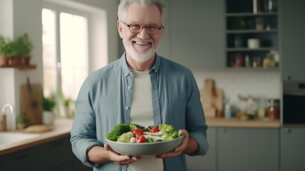 Ritratto di uomo maturo pensionato che tiene piatto di sana insalata di verdure con faccina sorridente