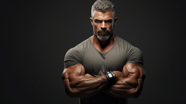 Ritratto di uomo muscolare in posa su sfondo grigio