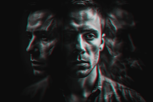 Ritratto di uomo schizofrenico con disturbi mentali e paranoia in depressione Bianco e nero con effetto glitch 3D IA generativa